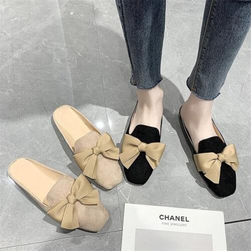 New Size 35-40 Fashion Flats Shoes Woman Square Toe Ladies Shoes Shallow Mules Shoes Bowknot Flat with Femal Shoes 2020