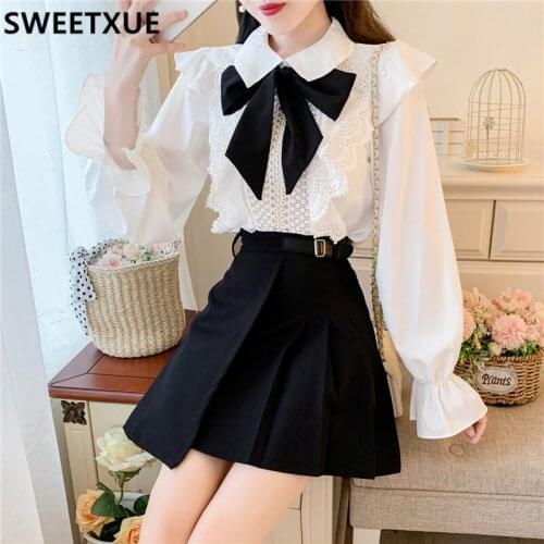 SWEETXUE 2021 Spring Bowknot Ruffled Flare Sleeve Lace Hollow Shirt + High Waist Mini Skirt Elegant Lovely Two Piece Set Womens