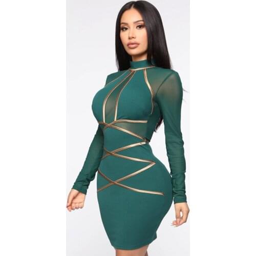 BEAUKEY 2020 New Spring Long Sleeve Green Lace Bandage Dress Women Sexy Hollow Out Club Celebrity Evening Runway Party Dress