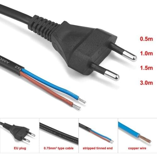 100pcs EU Power Cable 1.5m 3m 0.75mm2 220V Pigtail Electric Rewired Cable Power Supply Cord For Lamps Extension Socket AC Outlet