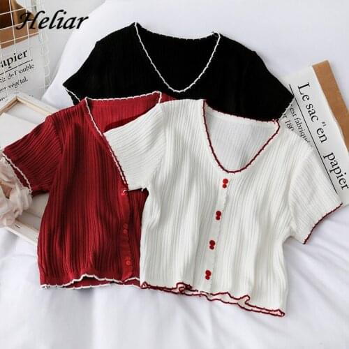 HELIAR 2020 New Women T-shirt Casual O-Neck Knitting Button up Tee Short Sleeve Student T-shirt Summer Tops For Women