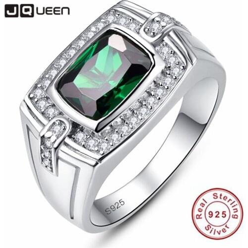 JQUEEN 925 Sterling Silver Mens Rings Long Rectangle Emerald Pave Diamond Ring for Men Luxury Cubic Zirconia Wedding Rings
