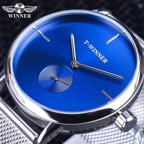 Winner 2019 Fashion Blue Display Silver Mesh Belt Transparent Dial Mens Mechanical Wristwatches Top Brand Luxury Waterproof