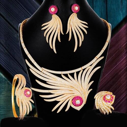 Missvikki 2020 Precious Luxury Noble Feather Jewelry Set Earrings Necklace Bangle Ring 4 PCS Women Wedding Jewelry 2020 New