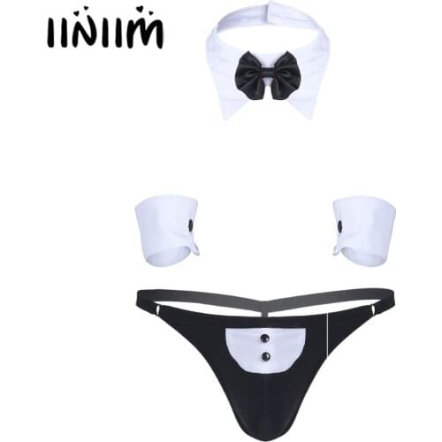 3Pcs Mens Waiter Lingerie Suit Open Back Tuxedo G-string Thong Underwear with Bow Tie Collar and Bracelets Sexy Evening Costumes