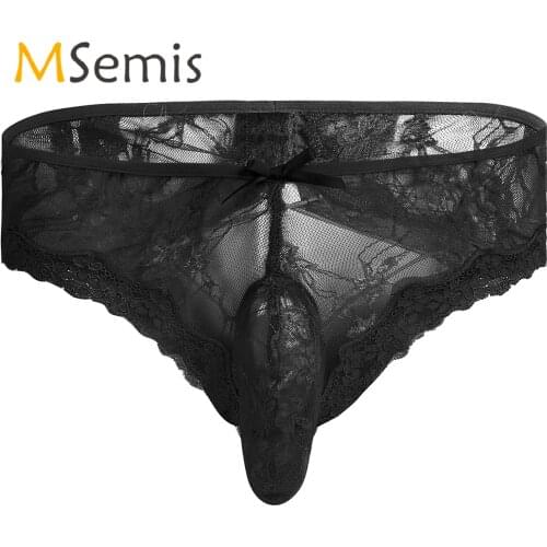 Mens Lingerie Sissy Underwear Floral Lace See-through Bulge Pouch Underpants Open Butt Bikini Briefs Panties