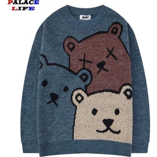 Cartoon Comics Bear Print Knitted Sweater Men Autumn 2021 Harajuku College Style Couple Pullover Sweater Men Streetwear