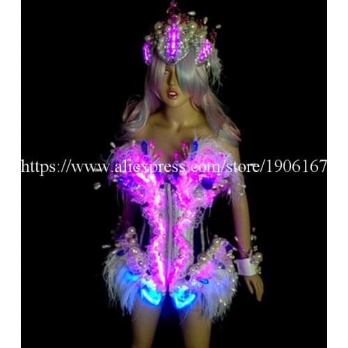 Newest Led Luminous Ballroom Women Costume Sexy Lady Dancing Nightclub Party Stage Dress Clothing With Headwear