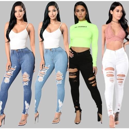 New Arrival 4 Colors Ripped High Waist Jeans For Women Fashion Skinny Denim Pencil Pants Slim Long Trousers S-3XL Drop Shipping