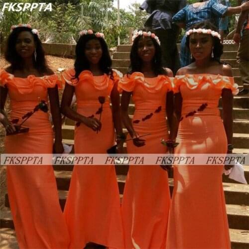 Wholesale Orange Mermaid Long African Bridesmaid Dresses Off The Shoulder Ruffles Satin Maids Formal Gowns For Party Custom Made