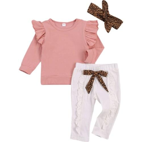 2020 1-6Y Autumn Kids Baby Girl Lovely Clothing Ruffle Long Sleeve Solid Blouse Top+Leopard Striped Ruffle Long Pants+Headband