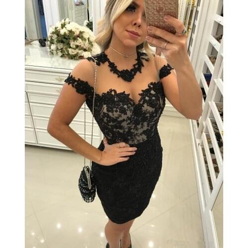 Buttons Sexy Back Cocktail Dresses 2020 O-Neck Applique Lace Short Sleeves sukienki koktajlowe Mini dresses woman party night