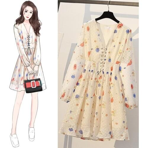 Plus Size Summer Dress Womens 2020 New Spring autumn Korean V-neck Long Sleeve slim Print Dresses Female Vestidos M-3XL
