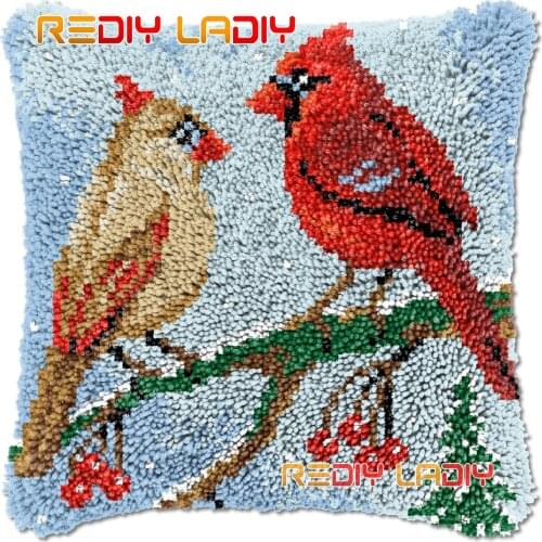 Latch Hook Cushion Two Cardinals DIY Needlepoint Kits Chunky Acrylic Yarn Arts Crocheting Lofty Pillow Case Hobby & Crafts