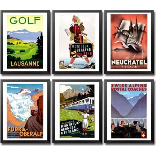 Switzerland Furka Golf Ascona Zinal Flims Vintage Travel Poster