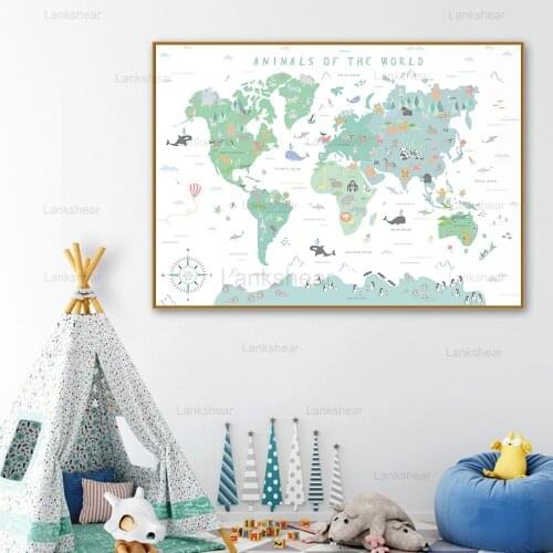 Nordic World Map Canvas Painting Animals Nursery Posters and Prints Wall Art Pictures for Living Room Kids Room Decor
