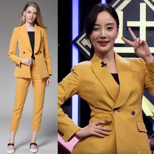High quality Women Work Pant Suits 2Piece Sets Double Breasted yellow Blazer Jacket & Zipper Pant Office Lady Suit Women Outfits