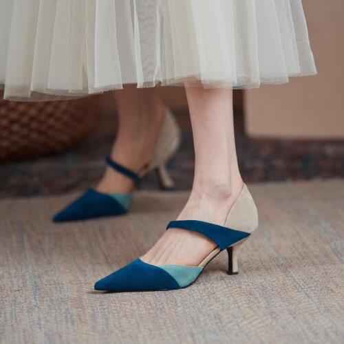 Sheep Suede Slip-On Women Shoes Elastic Band Mixed Colors Shallow Pumps Pointed Toe Thin Heels Handmade Shoes Women Size 34-39