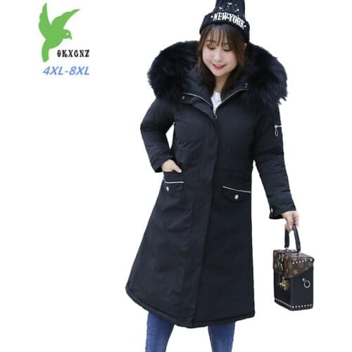 2019 Plus size 4XL-8XL winter parka women black cotton jacket big fur collar hooded coat female thicken windproof parkas G665