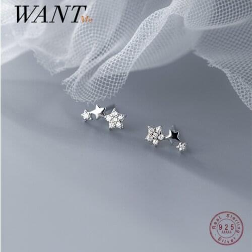 WANTME 925 Sterling Silver Trendy Korean Chic Zircon Romantic Star Small Stud Earrings for Women Cute Teen Birthday Jewelry Gift