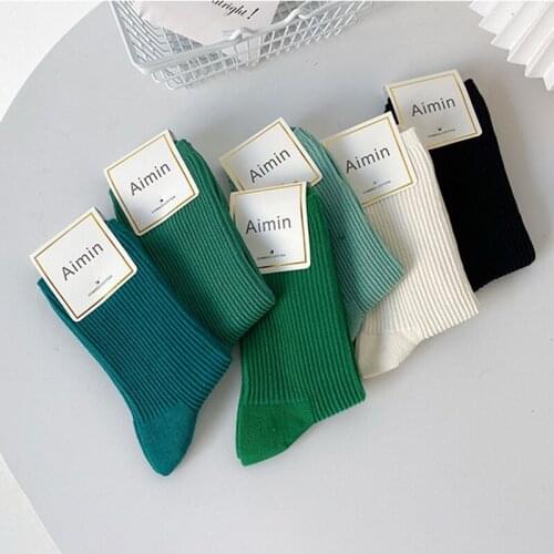 Solid Cotton Socks Women Ins Green Long Socks Femme Stripe Socks Ankle Dress Calcetine Medias
