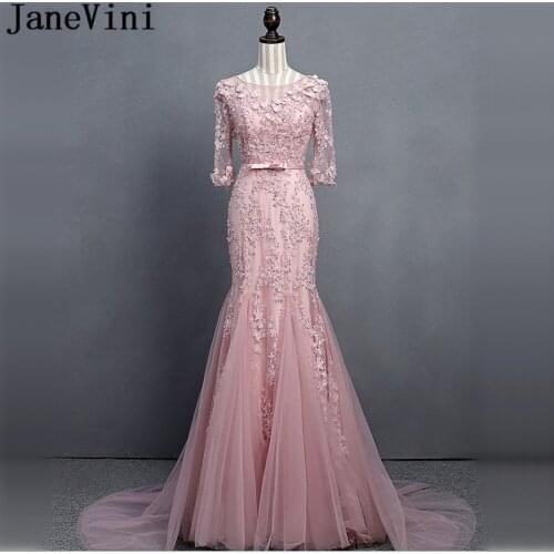 JaneVini Luxury Beaded Flowers Half Sleeve Bridesmaid Dresses Long Mermaid Women Wedding Party Dress for Prom Lace Sweep Train