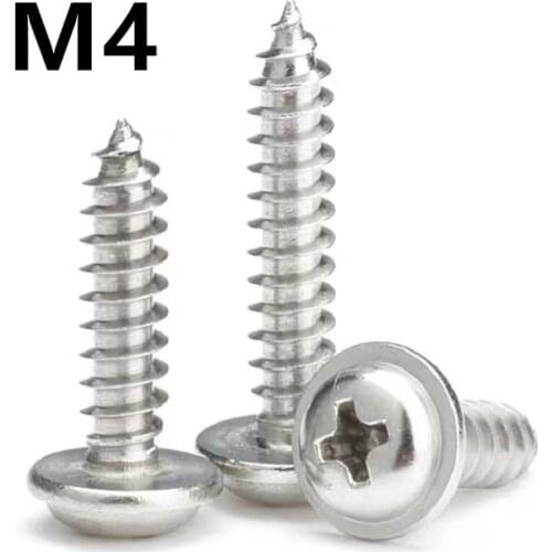 100PCS M4x8/10/12/16/20/25/30mm PWA 304 Stainless Steel Drywall Screws With Pad Round Head Pan Tapping Self-tapping Screw