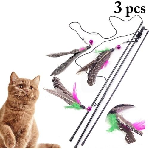 3pcs High Quality Pet Cat Toy With Bell Newly Design Colorful Faux Feather Plush Plastic Toy for Cats Cat Catcher Teaser Toy