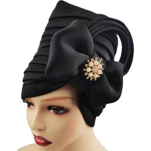 African Turbans Auto Gele Women Hat Dradped With Bow Bonnet Head Wraps Fashion New Solid Bandana African Headtie Hijab Caps 2021