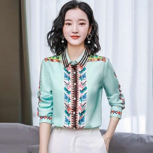 TingYiLi Retro Floral Mint Tops For Women Elegant Office Ladies Long Sleeve Satin Shirt Korean Style Plus Size Boho Blouse 2XL