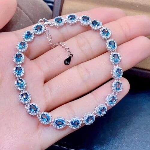 Natural London Blue Topaz Bracelet,Genuine S925 Sterling Silver Bracelet,Natural Blue Gem,Fashion Jewelry for Women