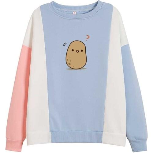 Color Block Long Sleeve Tops for Women Womens Crewneck Sweatshirt Sweatshirt Cute Kawaii Pullovers Female Potato Print Korean