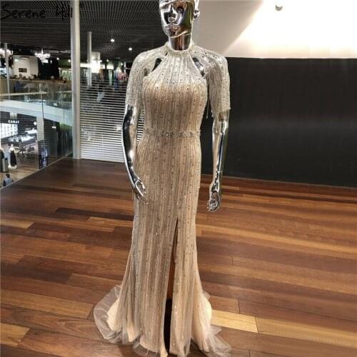 Dubai Champagne Beading Diamond Mermaid Evening Dresses 2020 Luxury Short Sleeveless Sexy Formal Dress Serene Hill LA70054
