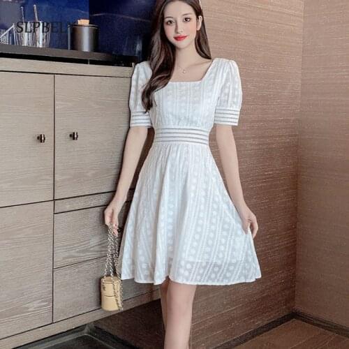 SLPBELY Women Elegant White Dress Summer French Hollow Out Puff Sleeve Square Collar Dress Office Lady Casual Vacation Dress NEW
