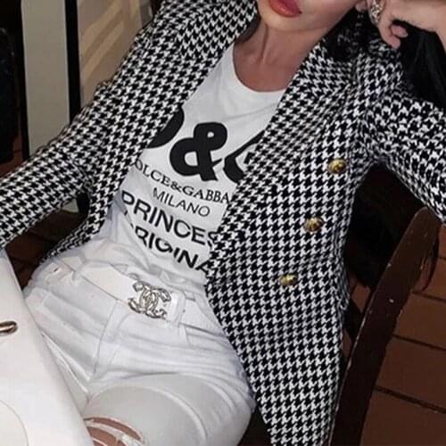 Classic Houndstooth Blazers Plaid Double Breasted Lady Jacket Blazer Collar Women Suits Office Elegant Long Sleeve Coat Fashion