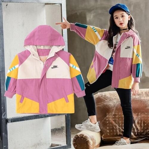 Girls Jackets Splice Coats Fashion Kids Hooded Windbreaker Baby Jacket for Girl Size 8 10 12 Children Outerwear Coat 2021 Autumn
