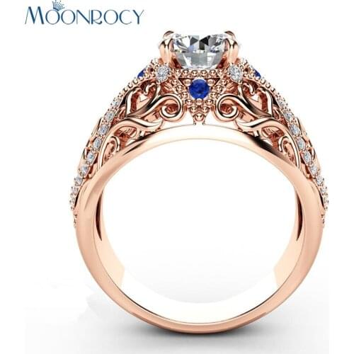 MOONROCY CZ Blue Crystal Ring Rose Gold Color Wedding Rings Vintage Womens Jewelry for Women Girls Gift Drop Shipping Wholesale