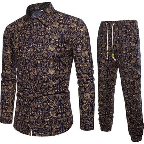 2019 Cotton Full Length Gold Pattern Printed Casual Shirts Suits Slim Fit 5XL New Arrival Chinese Style Mens Set Shirt+Pants