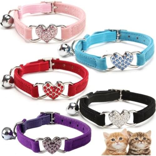 Soft Pet Dog Cat Collar Bling Love Heart Diamonds Necklace Safety Leather Neck Strap Animal Accessories For Small Dog Cat