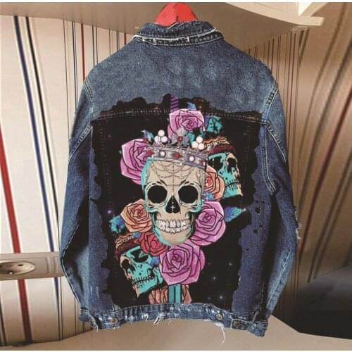 Autumn Ladies Print Fashion Casual Jacket Loose Hole Long-sleeved European and American Style Womens Clothing Denim Coat WP50