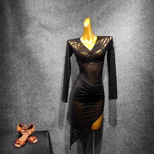 Long Sleeve Dance Practice Dress Perspective Ballroom Clothing Women Irregular Black Dancewear Competition Costumes