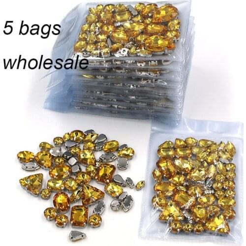 Wholesale 5 bags Gold yellow mixed shape rhinestones glass crystal sew on rhinestones whth sliver base claws diy clothing