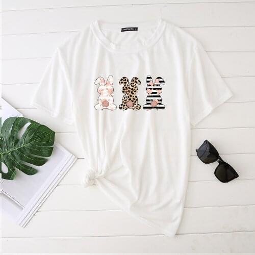Three Rabbits Flowers Printing Easter Woman Tshirts 2021 Aesthetic Clothes Streetwear Graphic Tees Women Short Sleeve Plus Size