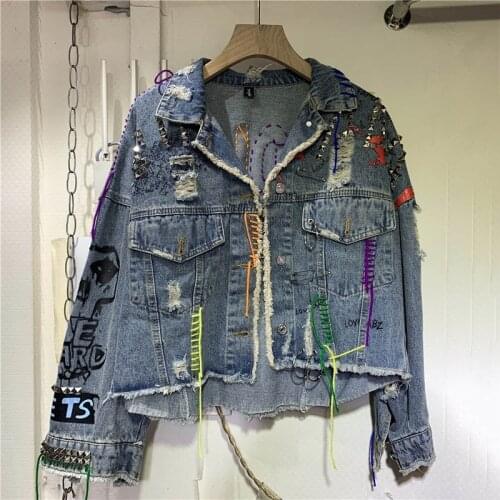 Spring Autumn 2021 Women Short Denim Jacket Graffiti Print Rivet Jeans Jacket Female Long Sleeve Holes Denim Jacket Veste Femme