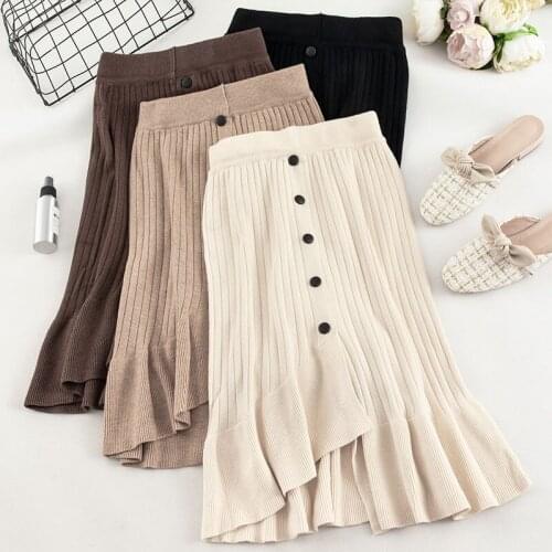 Women Knit Skirt Autumn Winter Fashion New Elegant a word Lotus leaf Solid Ladies Mid-length Button Pack hip Skirts FemaleT301