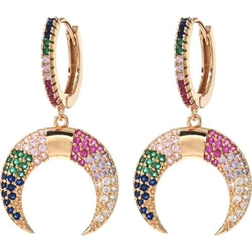 Rainbow Zircon Horn Stud Earrings For Women Small Gold Filled Crescent Moon Earrings Crystal Women Jewelry Gifts ER-414