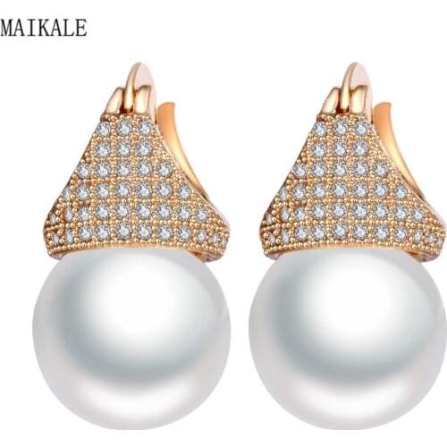 MAIKALE Luxury Zirconia Crown Freshwater Pearl Earrings for Women Gold Silver Color Big Stud Earrings with Pearls Party Jewelry