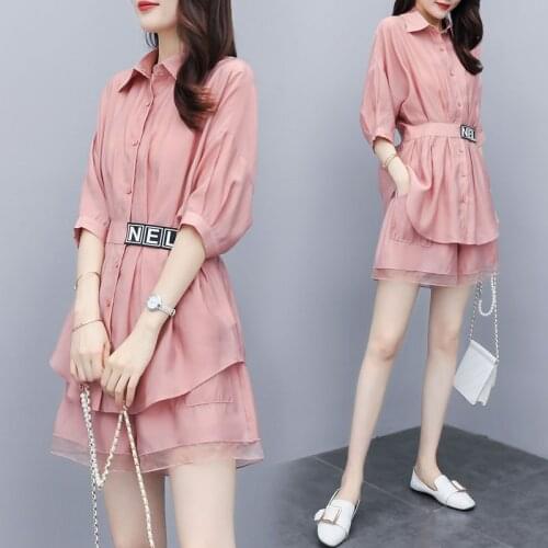 2020 New Organza Two Piece Set Women Korean Fashion Clothing Lounge Wear Half Sleeve Lapel Splice Solid Shirts + Wide Leg Shorts