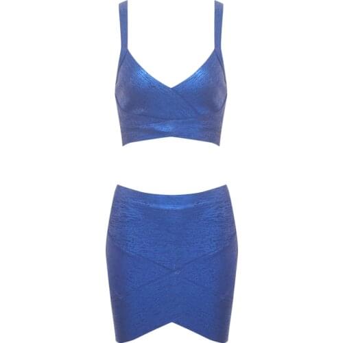 WillBeNice 2019 Sexy Bandage Blue Foil Print V Neck Cut Out Sexy Women 2 Piece Bandage Leather Party Celebrity Bodycon Set