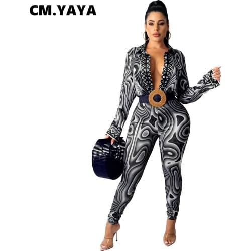CM.YAYA Women Set Print Bandage Shirts Tops + Stretchy Pants Two 2 Piece Sets Active Tracksuit Office Lady Fashion Outfit Autumn